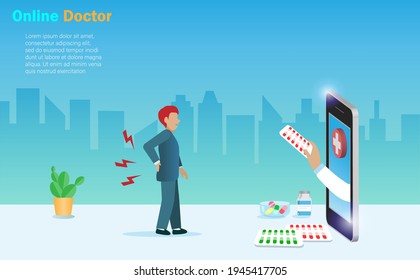 Virtual online doctor. Doctor hand in smartphone diagnosis and give medicine pills to back pain patient.  Idea for innovation technology in medical and healthcare business. 