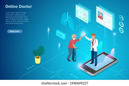 Virtual Online Doctor. Doctor On Smartphone Diagnosis Elderly Patient Using Medical Record Data. Futuristic Innovation Technology  Develop Smart Solution In Medical And Healthcare. Isometric View.