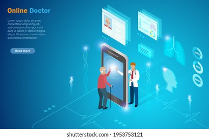 Virtual Online Doctor. Senior Man Touch Smartphone Screen Online Connect To Doctor With Patient Medical Record Data. Futuristic Innovation Technology Develop Smart Solution In Healthcare. Isometric.  