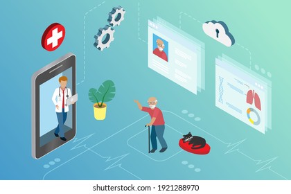 Virtual Online Doctor. Doctor In Smartphone Diagnosis Elderly Patient Using  Medical Records. Idea For Research And Development Innovation In Medical And Healthcare Concept. Isometric.