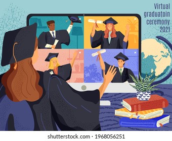 Virtual online graduation ceremony concept vector illustration. Students graduate by video call during coronavirus quarantine. Female student greets her fellow graduates in gowns and hats on a screen