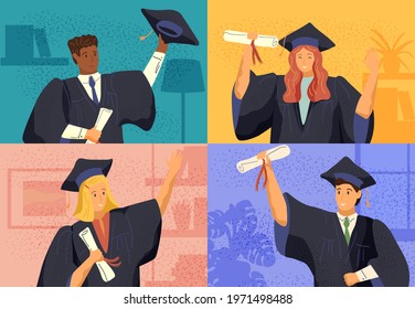 Virtual online graduation ceremony concept vector illustration. Students graduate by video call during coronavirus quarantine. Graduates in gowns and hats on a computer screen