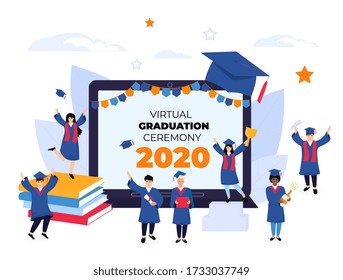 Virtual online graduation ceremony on a laptop monitor during coronavirus quarantine. Tiny graduates in gowns and mortarboards celebrate completion of studies. Class of 2020