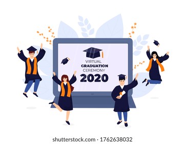Virtual online graduation ceremony on a laptop monitor during coronavirus quarantine. Tiny graduates in gowns and mortarboards celebrate completion of studies. Class of 2020