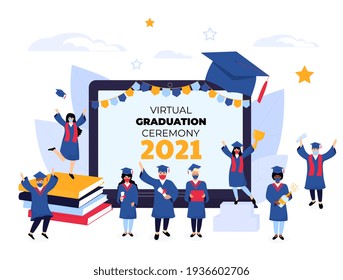 Virtual online graduation ceremony on a laptop monitor during coronavirus quarantine. Tiny graduates in protective masks, in gowns and mortarboards celebrate completion of studies. Class of 2021