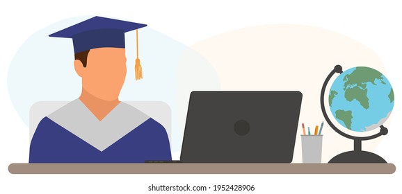 Virtual online graduation. Graduate boy is sitting at desk in front of laptop at home in graduation ceremony. Vector illustration.