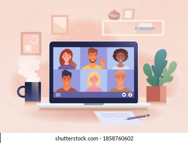 Virtual online group meeting via video conference from home. Using laptop computer chatting with colleagues online in cozy home office. Vector illustration