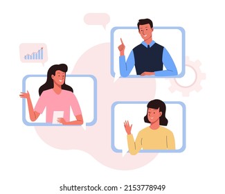 Virtual online meeting, colleagues talk to each other. People chatting online. Conference video call, working from home. Vector illustration for remote work