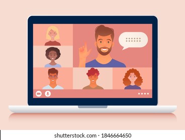 Virtual online meeting video conference call using laptop computer chatting with colleagues. Vector illustration