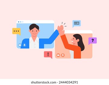 Virtual online meeting. Worker do video call. Friendly team. Man, woman give each other high five. Employees are satisfied with the work done. Team success. Vector Illustration