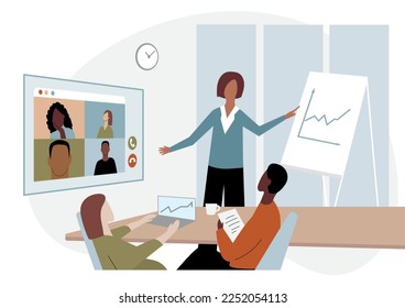Virtual online meeting. Workers using computer for group video conference. Distant discussion. Team of people sitting at desk at office. Remote working together. Teamwork concept. Corporate video call