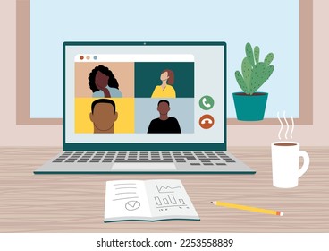 Encuentro virtual en línea. Trabajadores que usan computadoras para videoconferencia grupal. Discusión distante, aprendizaje. Trabajo remoto. Llamada de video corporativa. Trabaje en casa con un portátil. Personas que se conectan