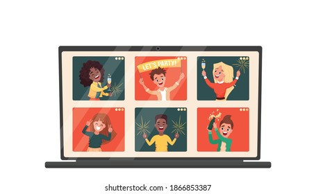 Virtual online party concept. Laptop with windows where diverse people at their home celebrating new year, Christmas, birthday via video chat isolated on white background  Vector cartoon illustration