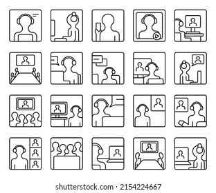 Virtual online video conference vector icons set isolated on a white background.