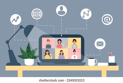 Virtual online zoom conference, digital work. Remote video web communication, education team at home. Internet meeting. Workplace with laptop on table, Vector illustration tidy concept