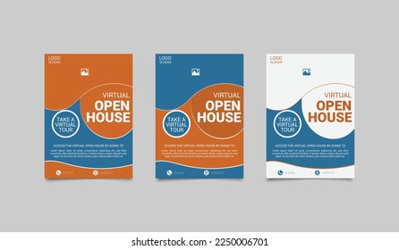 Virtual Open House Flyer Templates. Study from home virtual class flyer design. Online school study poster leaflet template
