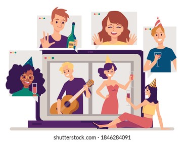 Virtual party banner with people celebrating a special occasion or birthday and communicating remotely online, flat vector illustration isolated on white background.