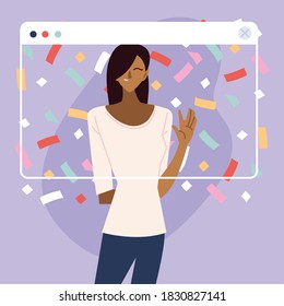 virtual party with black woman cartoon and confetti in screen design, Happy birthday and video chat theme Vector illustration