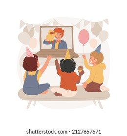 Virtual Party Isolated Cartoon Vector Illustration Online Celebration, Entertainer On Laptop Screen, Kids Watching Performance, Virtual Birthday Party For Children, Decoration Vector Cartoon.