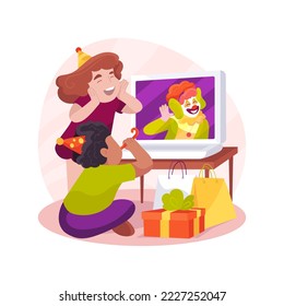 Virtual party isolated cartoon vector illustration. Online celebration, entertainer on laptop screen, kids watching performance, virtual Birthday party for children, decoration vector cartoon.