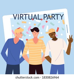 virtual party men cartoons in front of smartphone design, Happy birthday and video chat theme Vector illustration