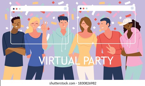 Virtual Party With Men Women Cartoons And Confetti In Screens Design, Happy Birthday And Video Chat Theme Vector Illustration