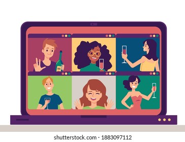 Virtual Party And Online Celebration Concept - People On Laptop Screen Having Joint Celebration, Flat Vector Illustration Isolated On White Background.