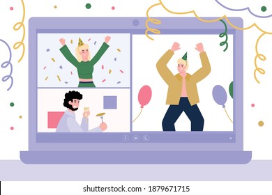 Virtual party , video chat, online birthday celebration via internet. Fun distance meeting, communication for friends or family in quarantine or living far away. Vector illustration