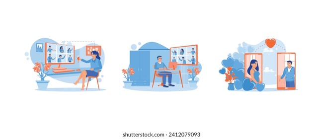 Virtual party. Video conference party online meeting. Long distance relationships. Virtual Relationships concept. Set Flat vector illustration.