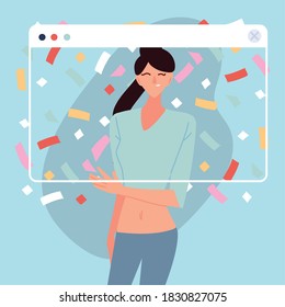 virtual party with woman cartoon and confetti in screen design, Happy birthday and video chat theme Vector illustration