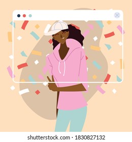 virtual party woman cartoon with sportswear and confetti in screen design, Happy birthday and video chat theme Vector illustration