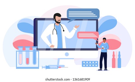 Virtual personal family doctor vector illustration. Doctor on computer screen, medical app . Virtual emergency health consultation. Professional help using biotech artificial intelligence for diagnose