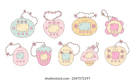 Virtual Pet Simulation Games doodle set. Cute hand drawn vintage electronic games collection. 90s pastel colored plastic Japanese gadgets with flowers. Vector illustration