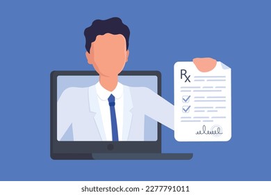 Virtual Pharmacist or Doctor giving the prescription through laptop screen. Medic`s hand holding rx or recipe. Online pharmacy, internet consultation. Distance medicine, smart medical assistance