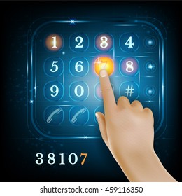 Virtual phone keyboard or keypad and realistic hand push the button 