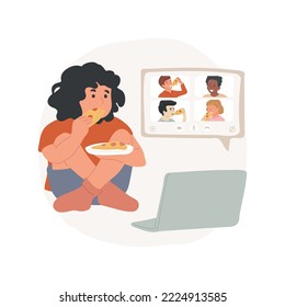 Virtual pizza party isolated cartoon vector illustration. Child eating pizza and talking to friends on video, virtual meet up for students and staff, leisure time, school program vector cartoon.