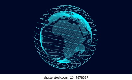 Virtual planet Earth with particles and lines. Network connection big data. Vector abstract technology blue background.