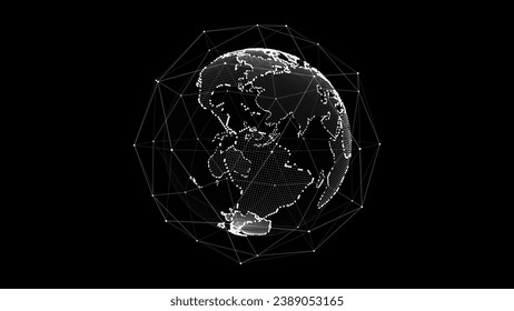 Virtual planet Earth with particles and lines. Network connection big data. Vector abstract technology black background.