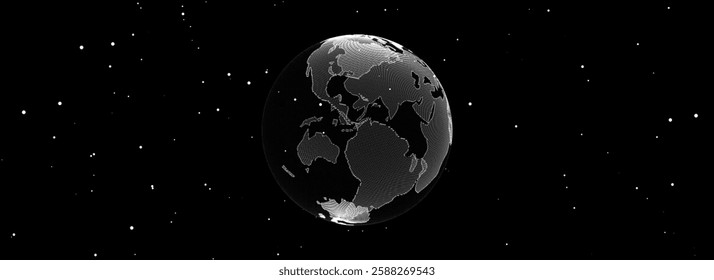 Virtual planet Earth with particles and lines. Network connection big data. Vector abstract technology black background.