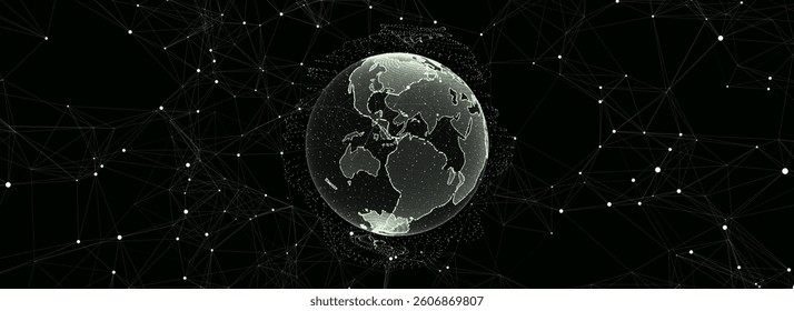 Virtual planet Earth with particles and lines. Network connection big data. Vector abstract technology green background.