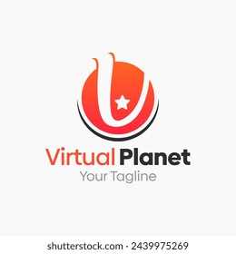 Virtual Planet Logo Design Template: Merging Letter V with Planet Symbol. This modern alphabet-inspired logotype is perfect for Technology, Business, Organizations, Personal Branding, and more.