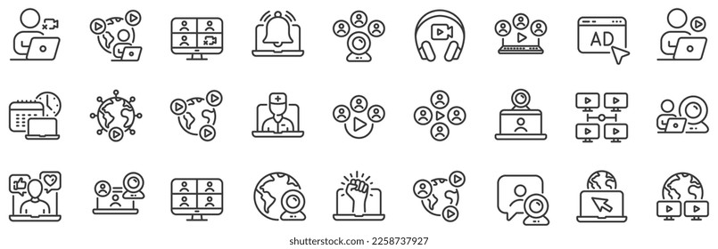 Virtual presentation, Video conference, Live chat icons. Online meeting line icons. Team video, Digital training, Online presentation. Live webinar, Remote team conference, Virtual study. Vector