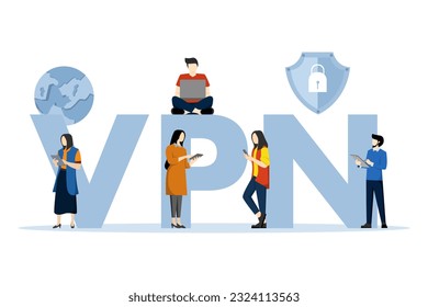 Virtual private network concept, cyber security, data protection. Users protect personal data with a VPN service. People using VPN for computer, smartphone with VPN sign. Flat vector illustration.