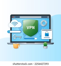 Virtual private network concept. Laptop with shield, search bar and parol window. Secure VPN connection. Web vector illustration in 3D style