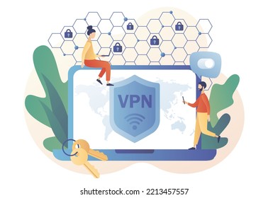 Virtual Private Network concept. VPN service on laptop. Cyber security, secure web traffic, data protection, remote servers. Modern flat cartoon style. Vector illustration on white background
