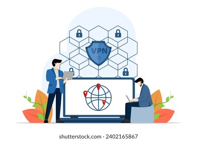 Virtual Private Network Concept. VPN service on laptop. data protection, remote servers, cyber security, secure web traffic. Modern flat cartoon style. Vector illustration on white background.