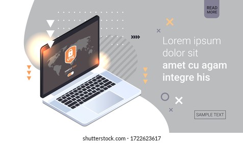 virtual private network cyber web security and privacy concept secure vpn online connection personal data protection shield on laptop screen horizontal copy space vector illustration