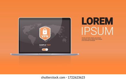 virtual private network cyber web security and privacy concept secure vpn online connection personal data protection shield on laptop screen horizontal copy space vector illustration
