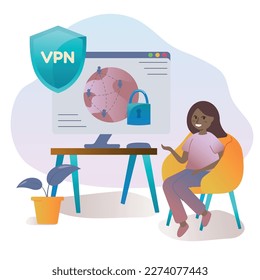 Virtual private network and cybersecurity concept. Person using VPN for computer with VPN sign. Users protecting personal data with VPN service. Vector illustration in cartoon style.