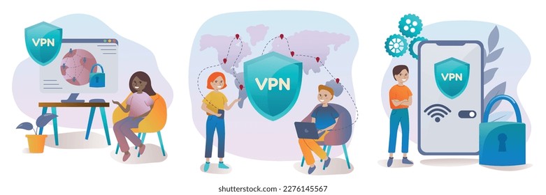 Virtual private network and cybersecurity set. People using VPN for computer, smartphone with VPN sign. Users protecting personal data with VPN service. Vector illustration in cartoon style.